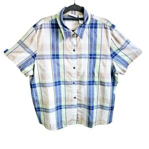 Alfred Dunner Womens Plus Size 18 Plaid Button Down Shirt Blue Yellow Summer BBQ